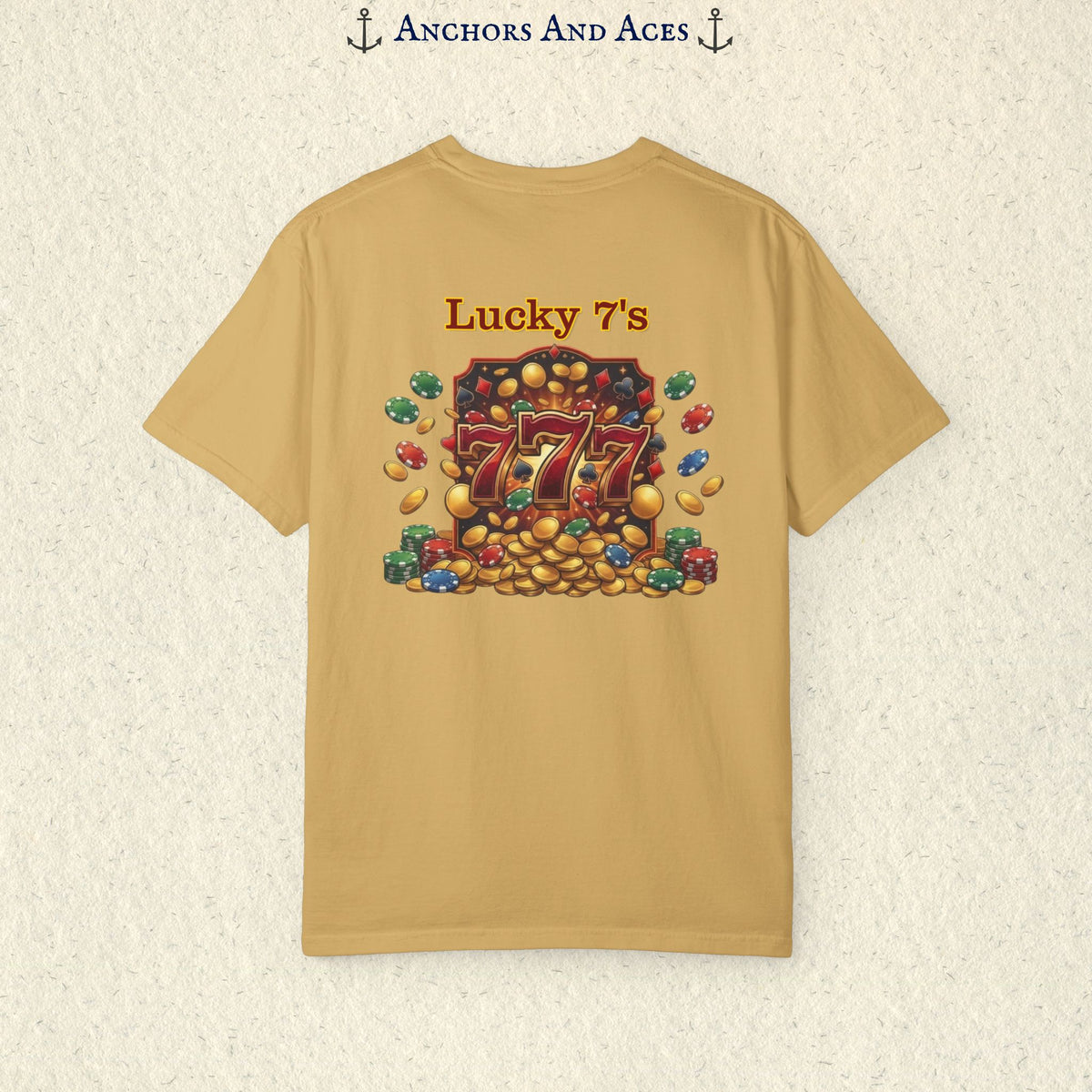 Mustard Lucky 777s T-shirt with colorful vintage casino jackpot artwork and Lucky 7s design printed on the back.