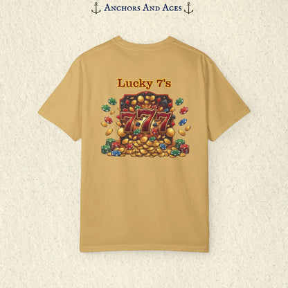 Mustard Lucky 777s T-shirt with colorful vintage casino jackpot artwork and Lucky 7s design printed on the back.