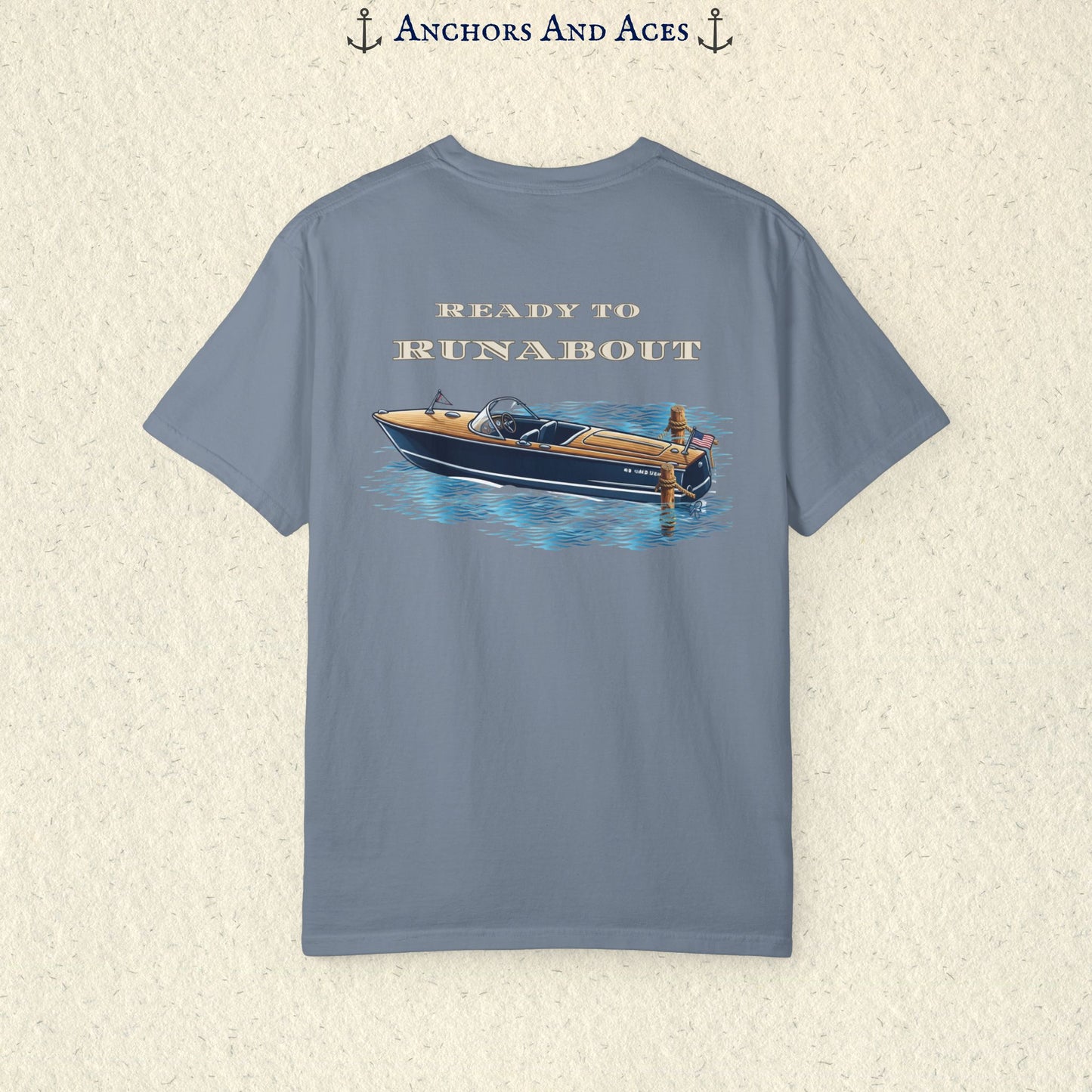 Blue Jean classic wooden boat T-shirt shown from the back, featuring a vintage runabout on reflective blue water with Ready to Runabout text above the boat.