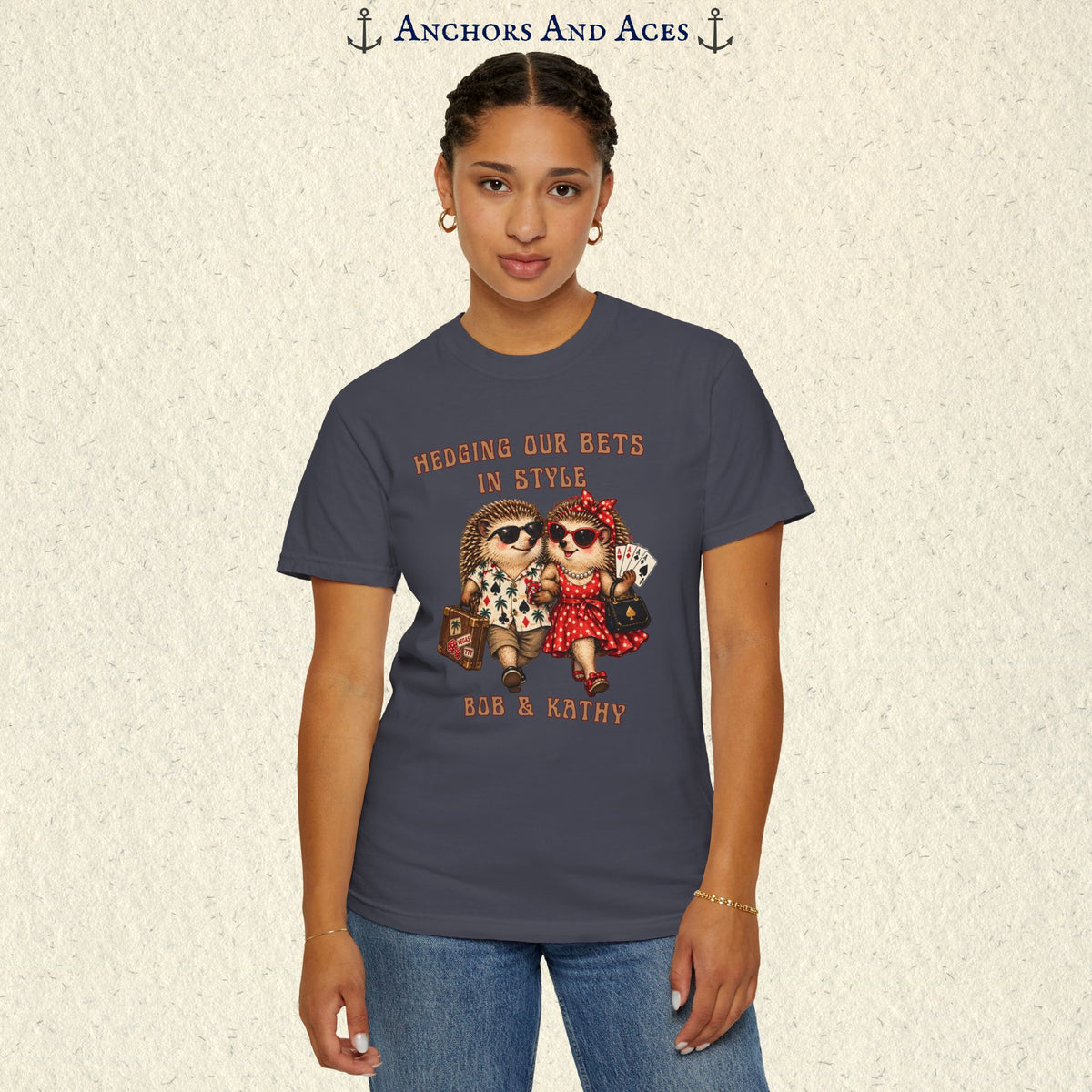 Woman wearing personalized casino trip shirt featuring vintage-inspired hedgehogs dressed for a gambling getaway.