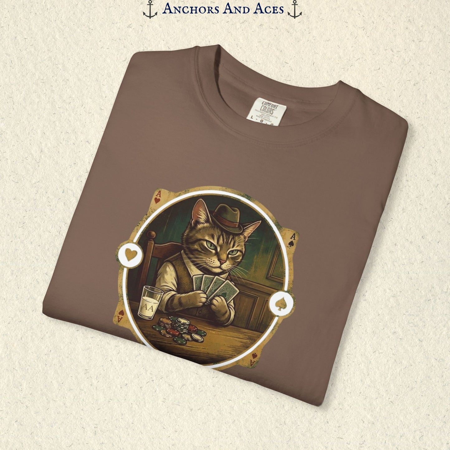 Folded Espresso brown vintage poker cat shirt showing the card-playing cat and retro casino artwork.
