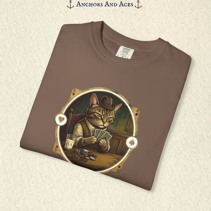 Folded Espresso brown vintage poker cat shirt showing the card-playing cat and retro casino artwork.
