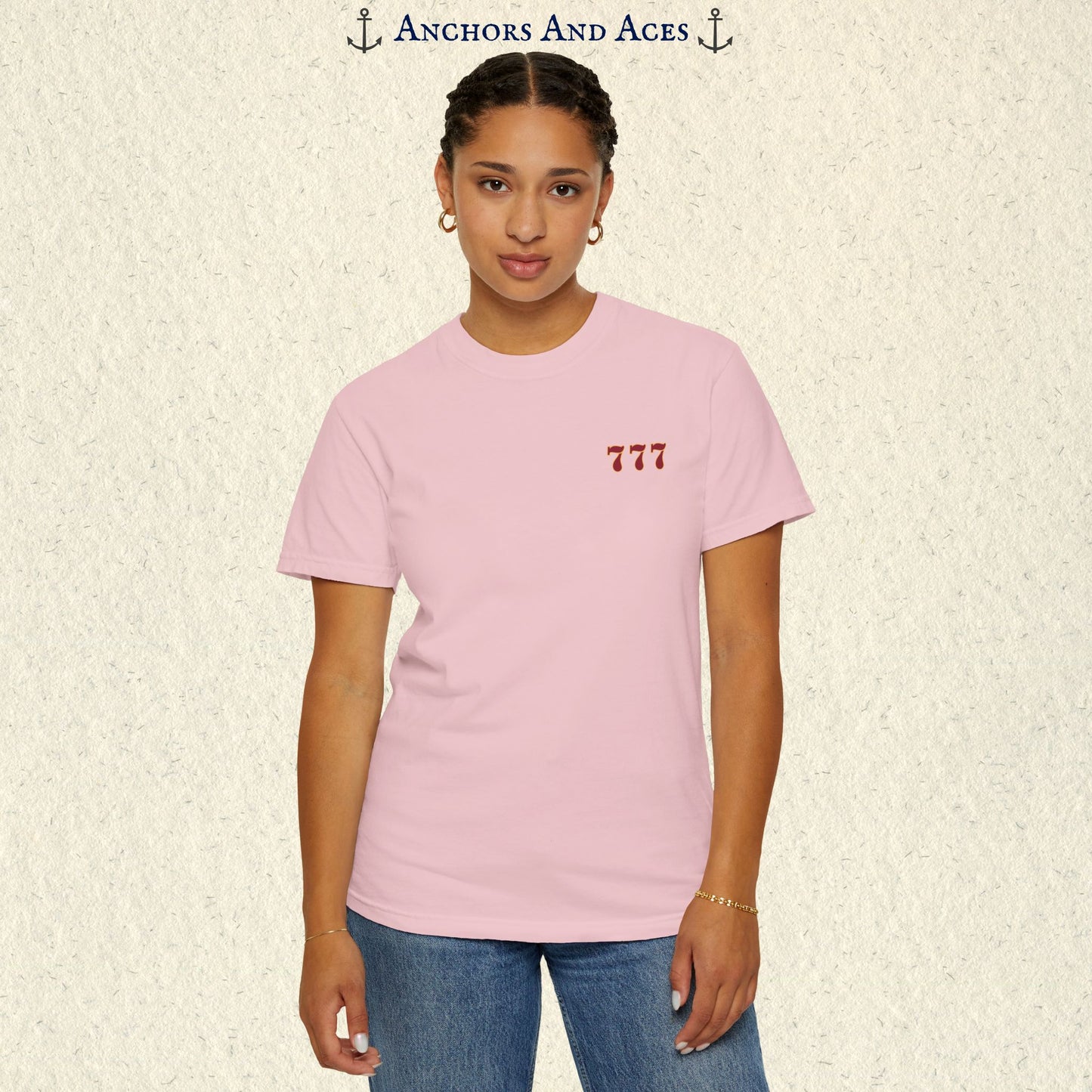 Model wearing a Blossom Lucky 777s T-shirt with the small red 777 casino emblem on the front chest.