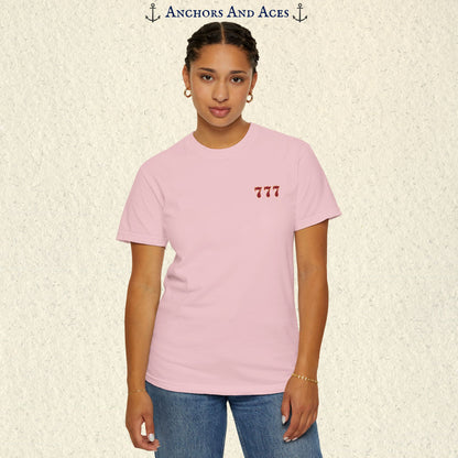 Model wearing a Blossom Lucky 777s T-shirt with the small red 777 casino emblem on the front chest.