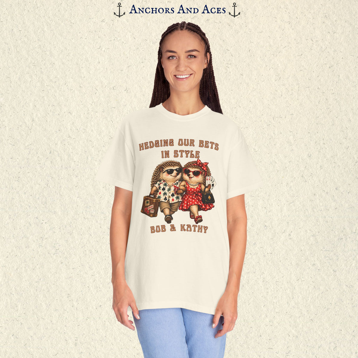 Front view of woman wearing personalized hedgehog casino graphic tee with gambling couple artwork and custom names.