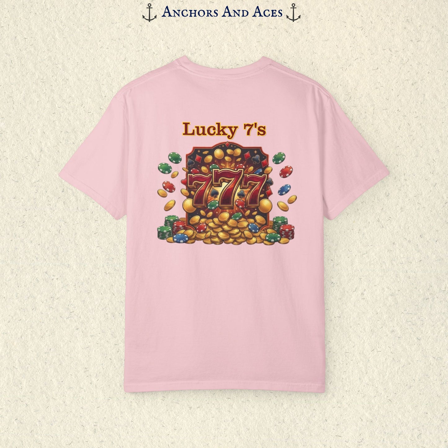 Blossom Lucky 777s T-shirt with colorful vintage casino jackpot artwork and Lucky 7s design printed on the back.