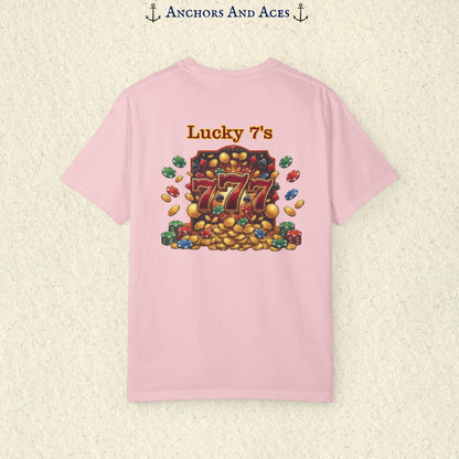 Blossom Lucky 777s T-shirt with colorful vintage casino jackpot artwork and Lucky 7s design printed on the back.