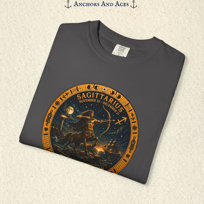 Folded Sagittarius Zodiac Shirt close-up featuring the full circular Sagittarius medallion and star-filled artwork.