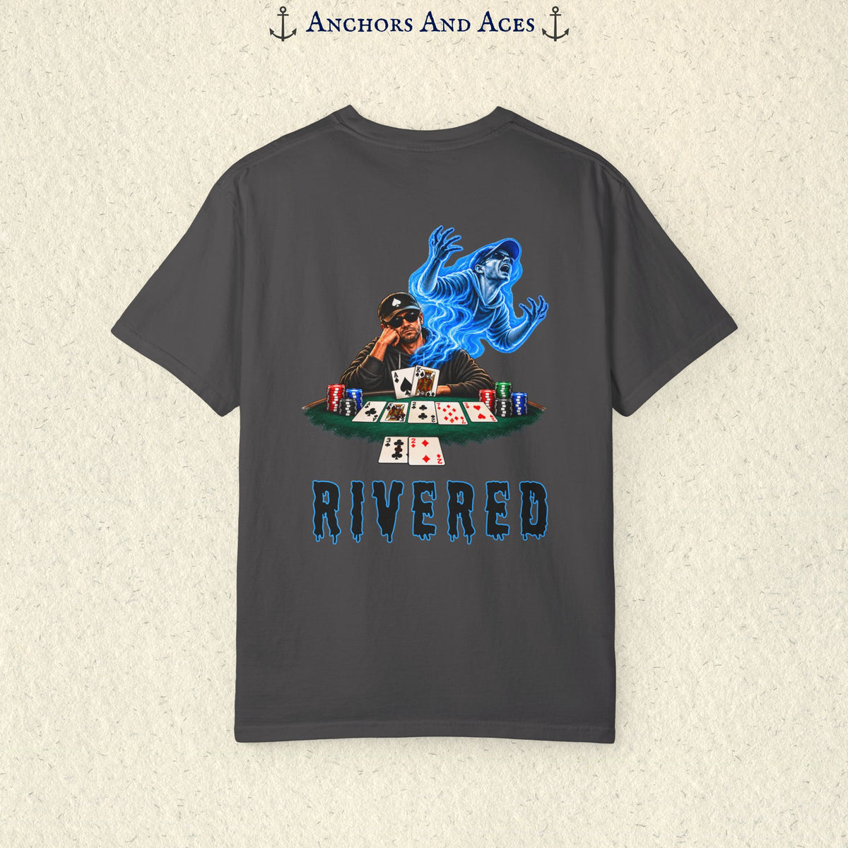 RIVERED Texas Hold'em poker graphic tee back view featuring a player at a poker table with playing cards, poker chips, and an electric blue soul rising from his body after a bad beat on the river.  Comfort Colors 1717