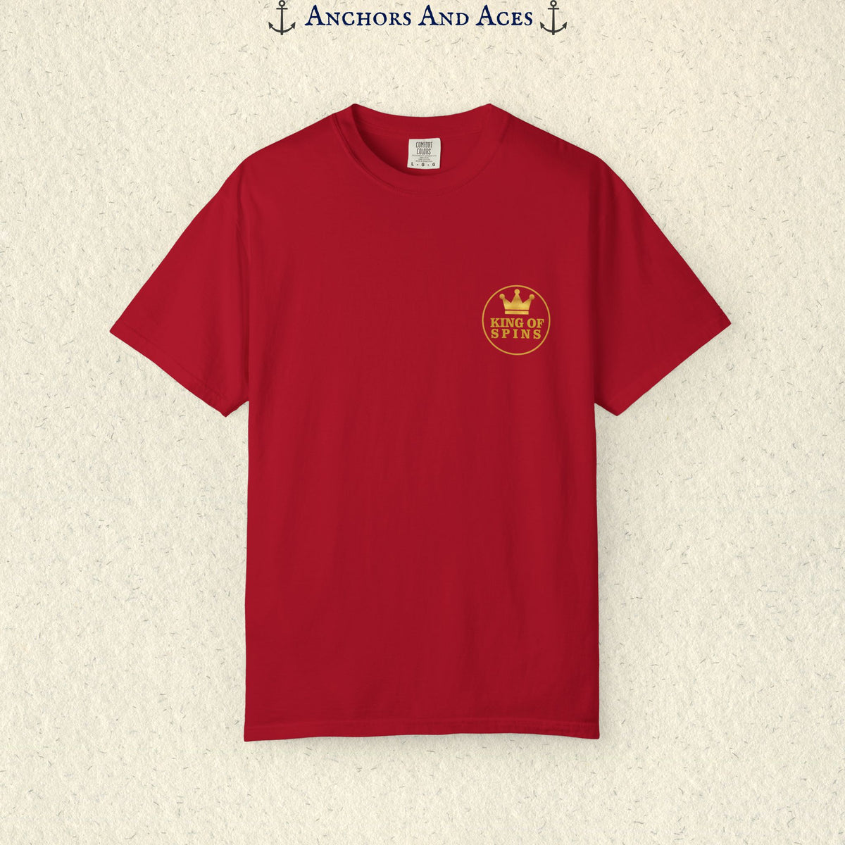 Red Slot King T-shirt with a small gold King of Spins emblem on the front chest.