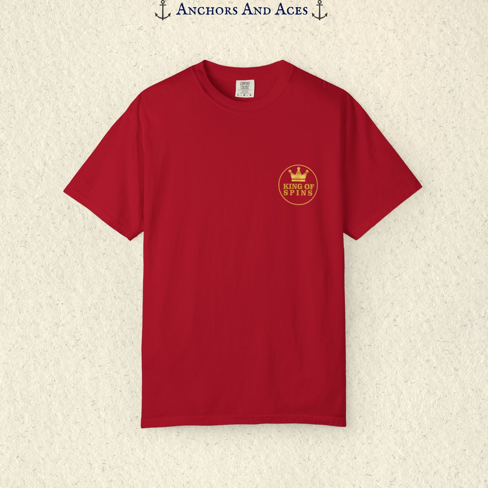 Red Slot King T-shirt with a small gold King of Spins emblem on the front chest.