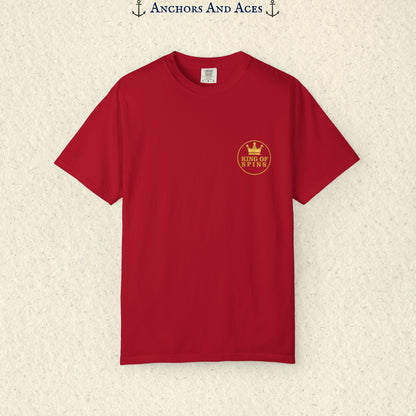 Red Slot King T-shirt with a small gold King of Spins emblem on the front chest.