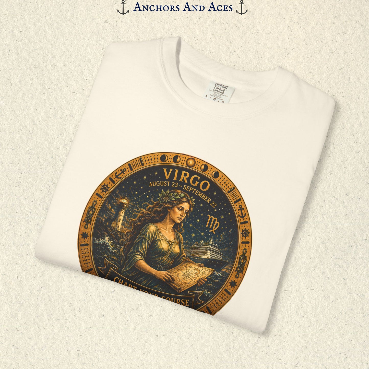 Folded Virgo Zodiac Shirt close-up showing the Virgo maiden celestial medallion front graphic.