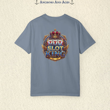Blue Jean Slot King T-shirt with a large crowned 777 slot machine design printed on the back.