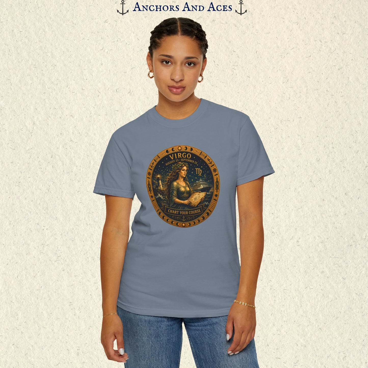 Female model wearing the Virgo Zodiac Shirt with the full-size Virgo maiden celestial medallion graphic on the front.