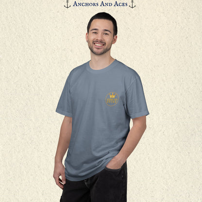 Man wearing a Blue Jean Slot King T-shirt with the small gold King of Spins emblem on the front.