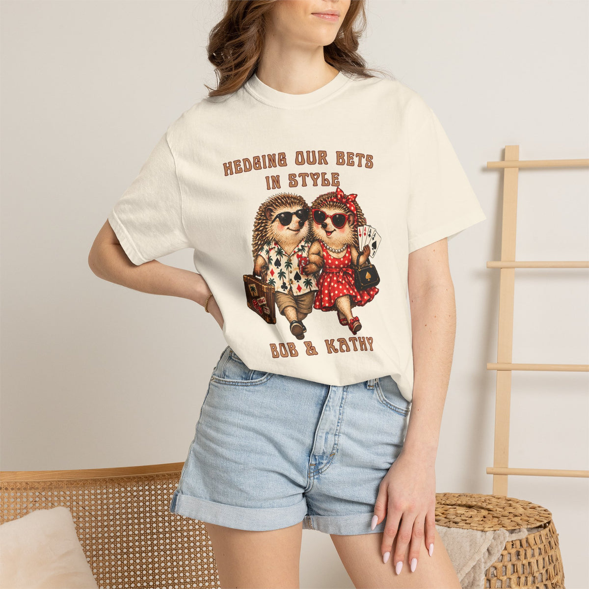 Woman wearing personalized casino couples graphic tee with hedgehog gambling artwork and custom text beneath the illustration.