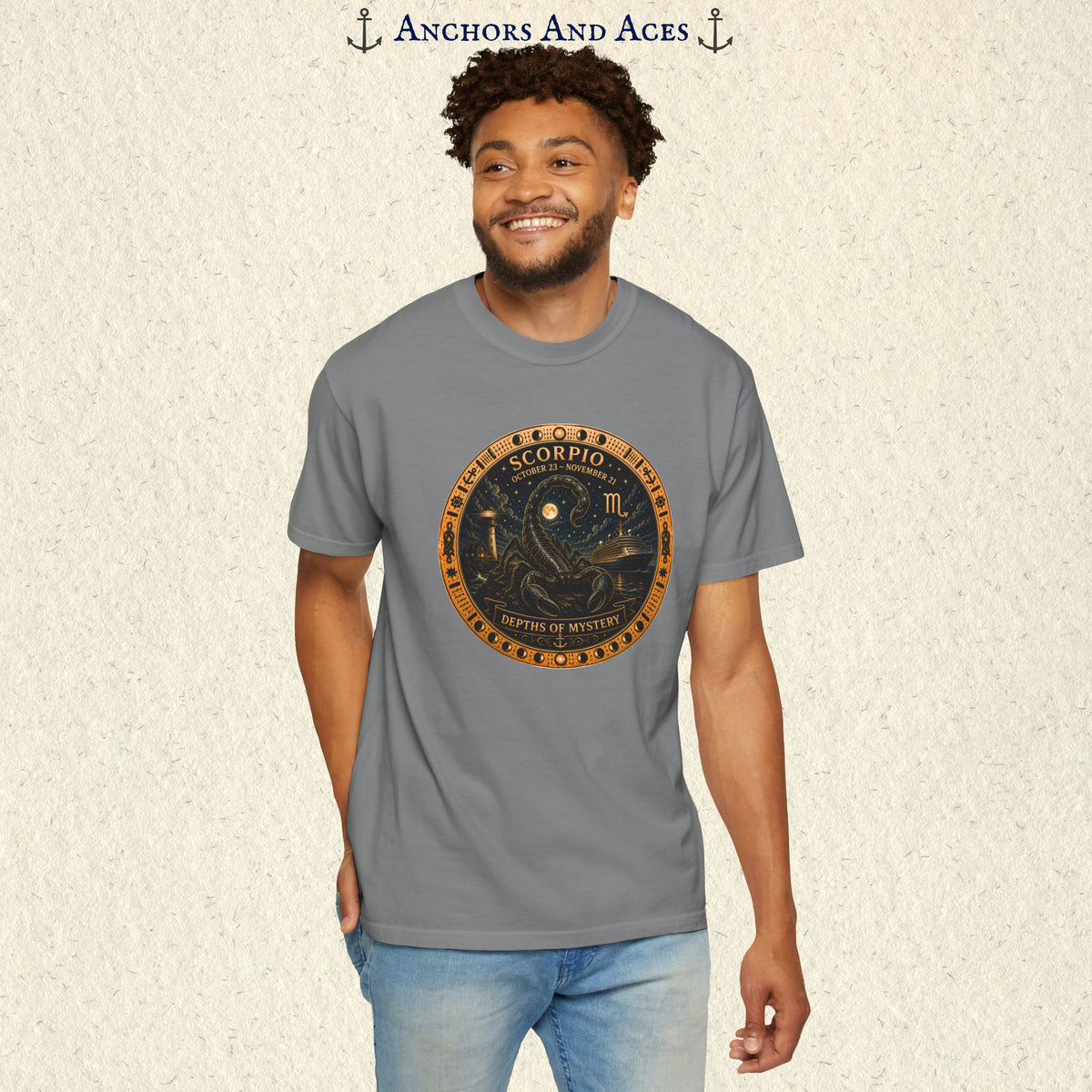 Male model wearing Scorpio zodiac shirt with scorpion celestial medallion front graphic