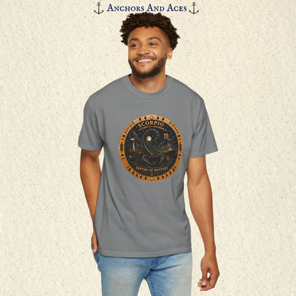 Male model wearing Scorpio zodiac shirt with scorpion celestial medallion front graphic