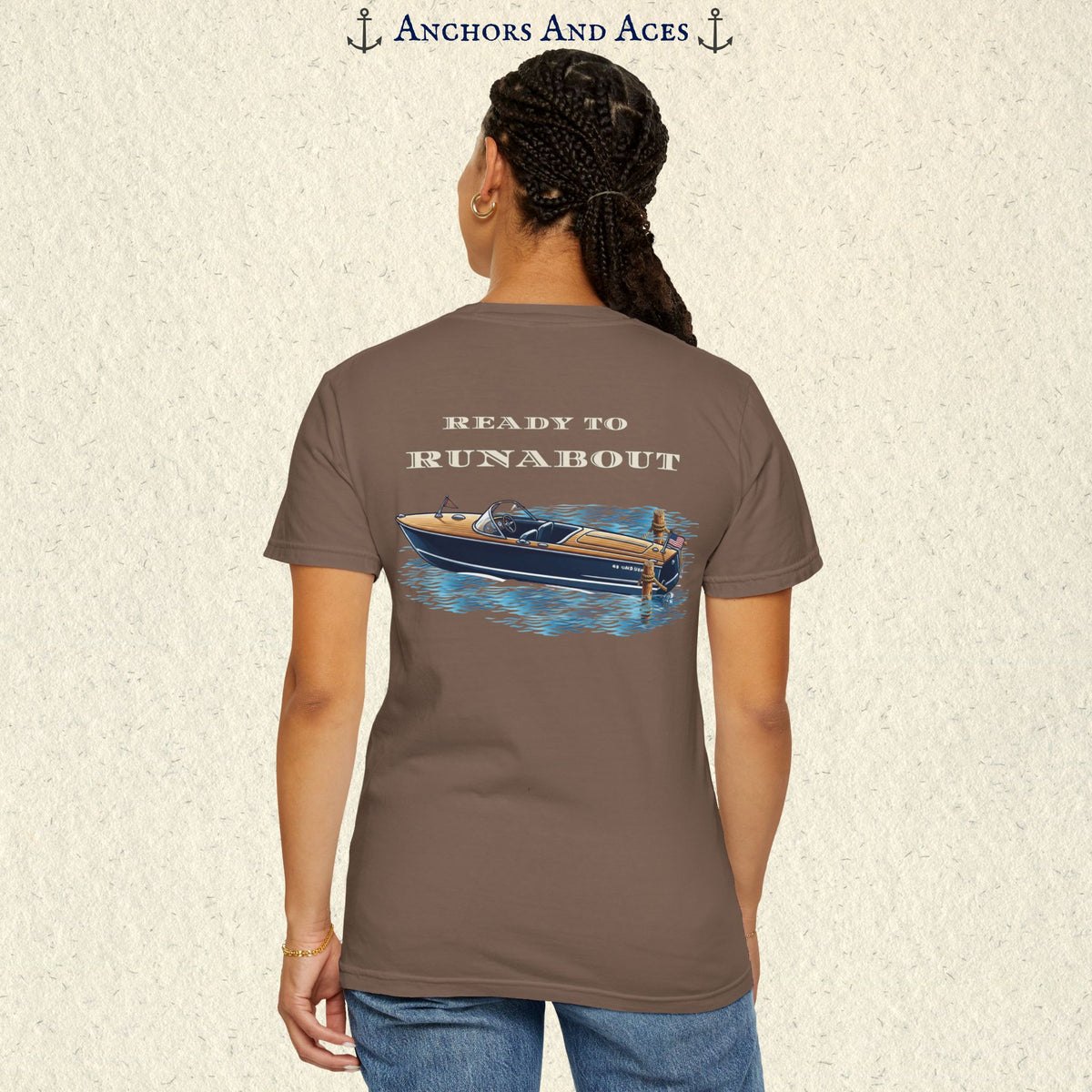 Model wearing a Espresso classic wooden boat T-shirt from the back, featuring a vintage runabout on reflective blue water with Ready to Runabout text.
