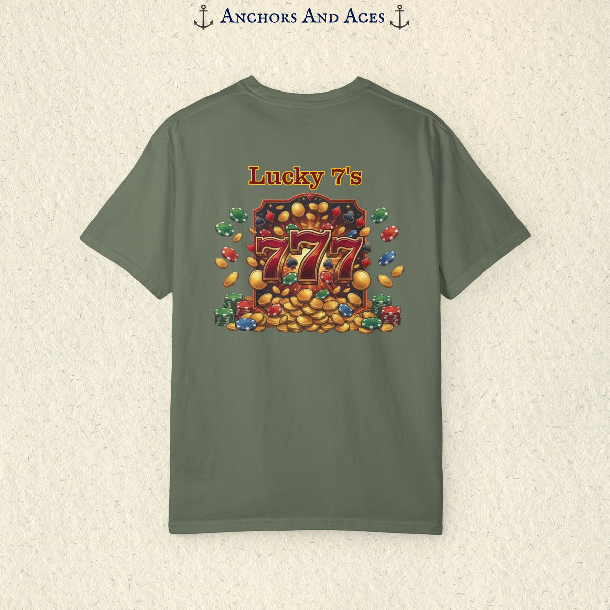 Moss Lucky 777s T-shirt with colorful vintage casino jackpot artwork and Lucky 7s design printed on the back.