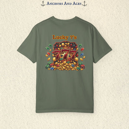 Moss Lucky 777s T-shirt with colorful vintage casino jackpot artwork and Lucky 7s design printed on the back.