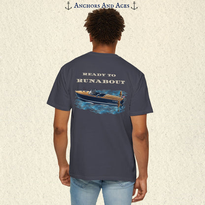 Model wearing a Navy classic wooden boat T-shirt from the back, featuring a vintage runabout on reflective blue water with Ready to Runabout text.