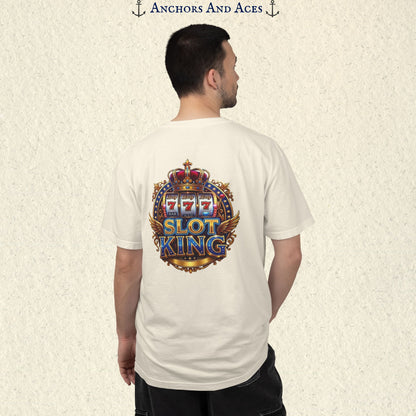 Man wearing an Ivory Slot King T-shirt with the crowned 777 slot machine artwork on the back.