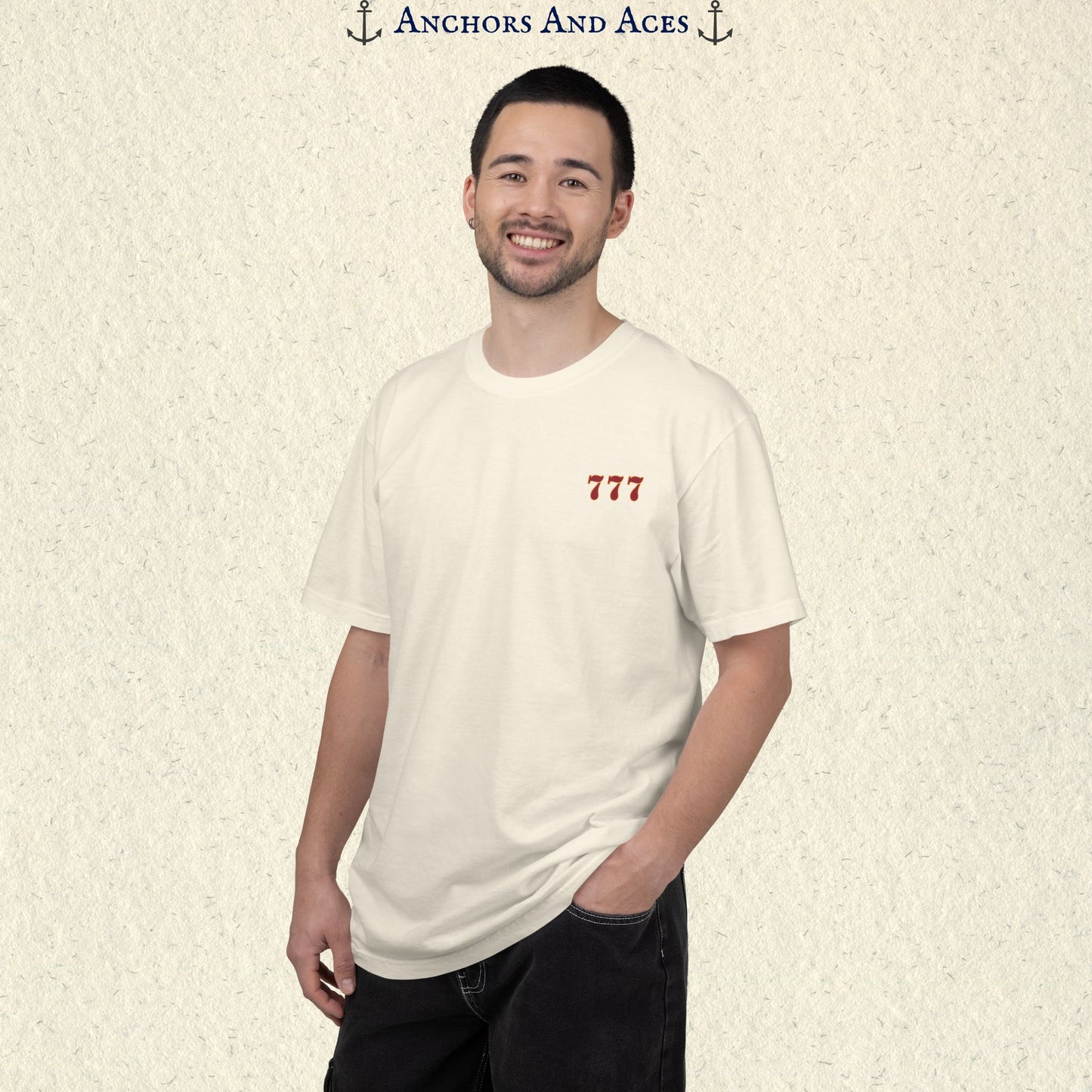 Model wearing a Ivory Lucky 777s T-shirt with the small red 777 casino emblem on the front chest.