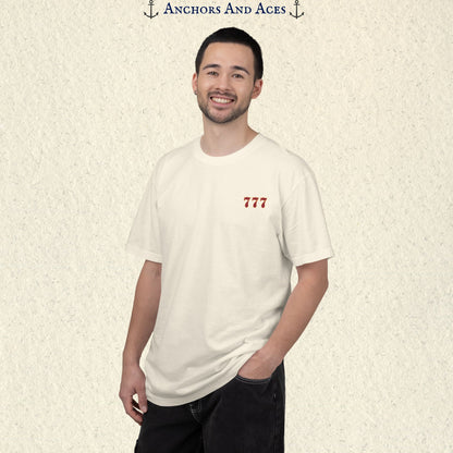 Model wearing a Ivory Lucky 777s T-shirt with the small red 777 casino emblem on the front chest.
