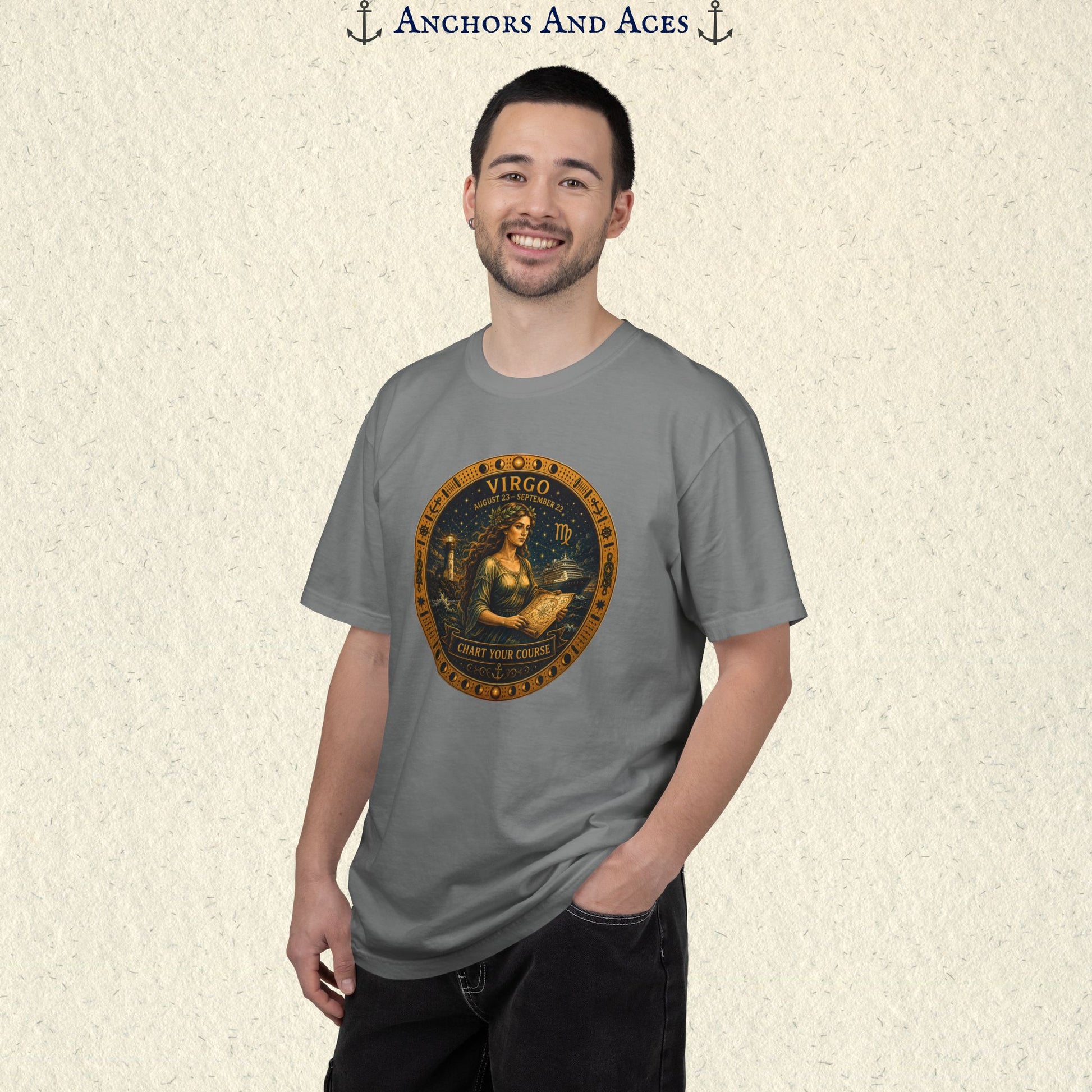 Male model wearing the Virgo Zodiac Shirt with the full-size Virgo maiden celestial medallion graphic on the front.