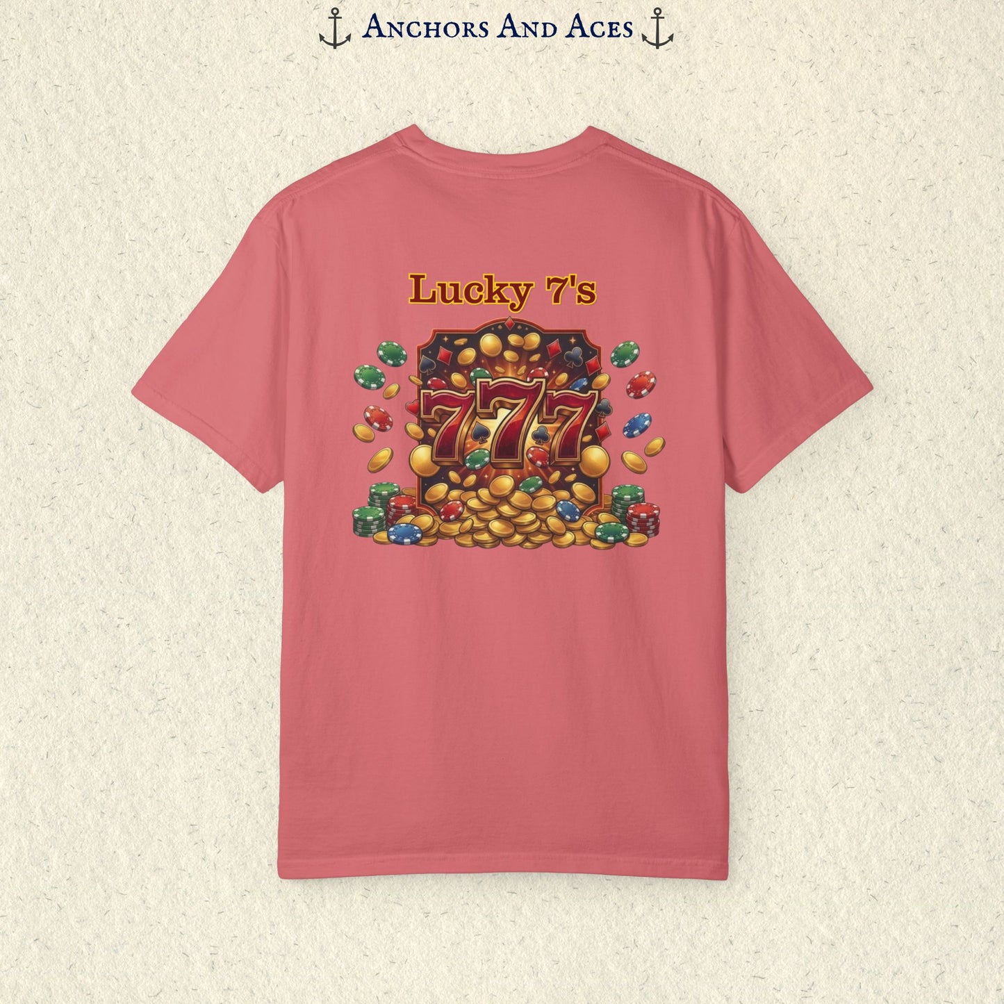 Watermelon Lucky 777s T-shirt with colorful vintage casino jackpot artwork and Lucky 7s design printed on the back.