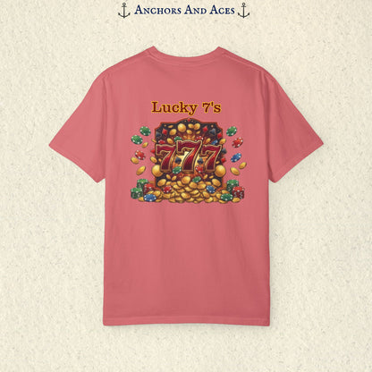 Watermelon Lucky 777s T-shirt with colorful vintage casino jackpot artwork and Lucky 7s design printed on the back.