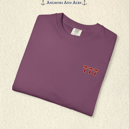 Folded Berry Lucky 777s T-shirt showing the small red 777 casino emblem on the front chest.