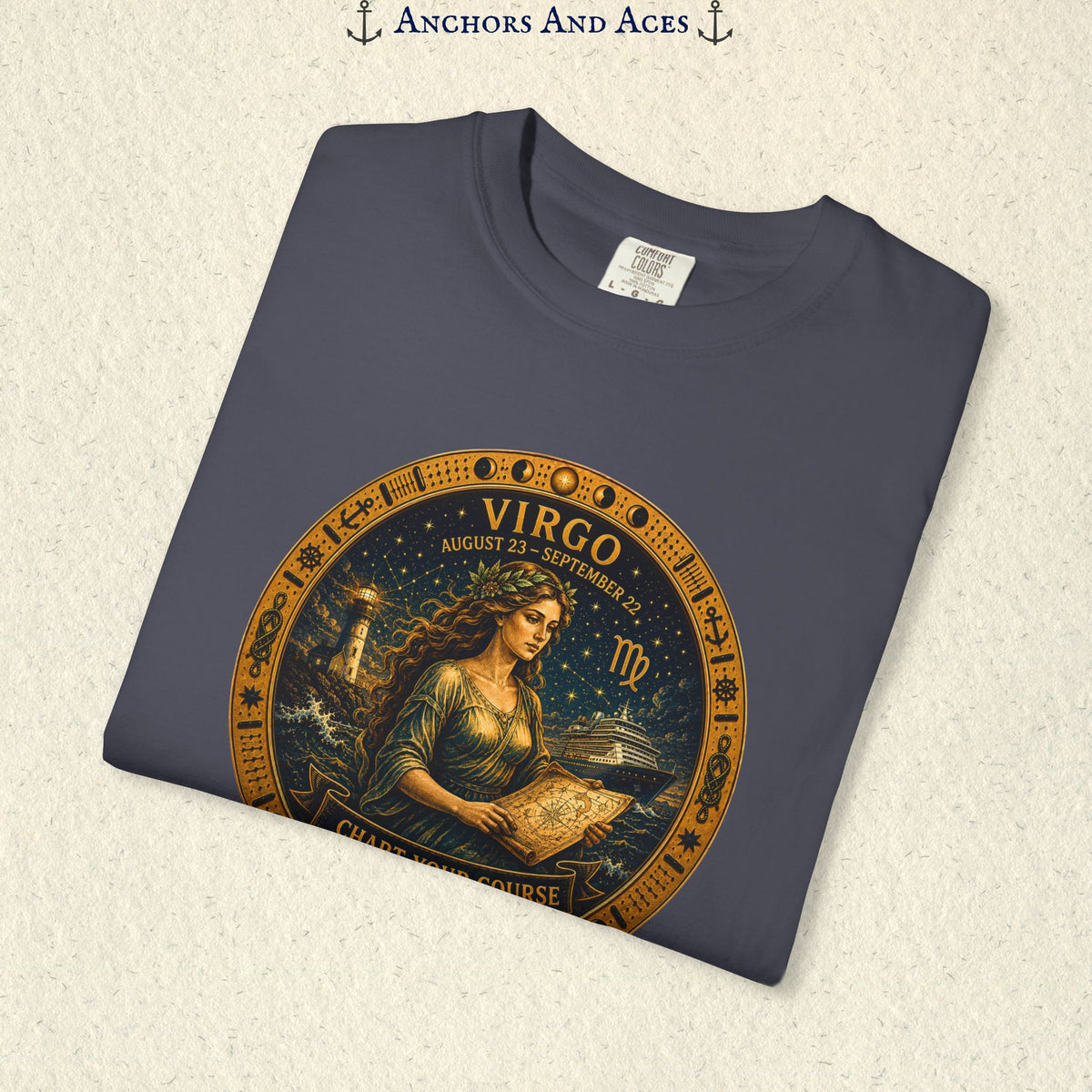 Folded Virgo Zodiac Shirt close-up showing the Virgo maiden celestial medallion front graphic.
