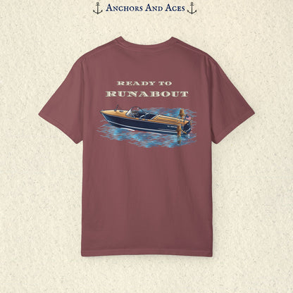 Brick classic wooden boat T-shirt shown from the back, featuring a vintage runabout on reflective blue water with Ready to Runabout text above the boat.