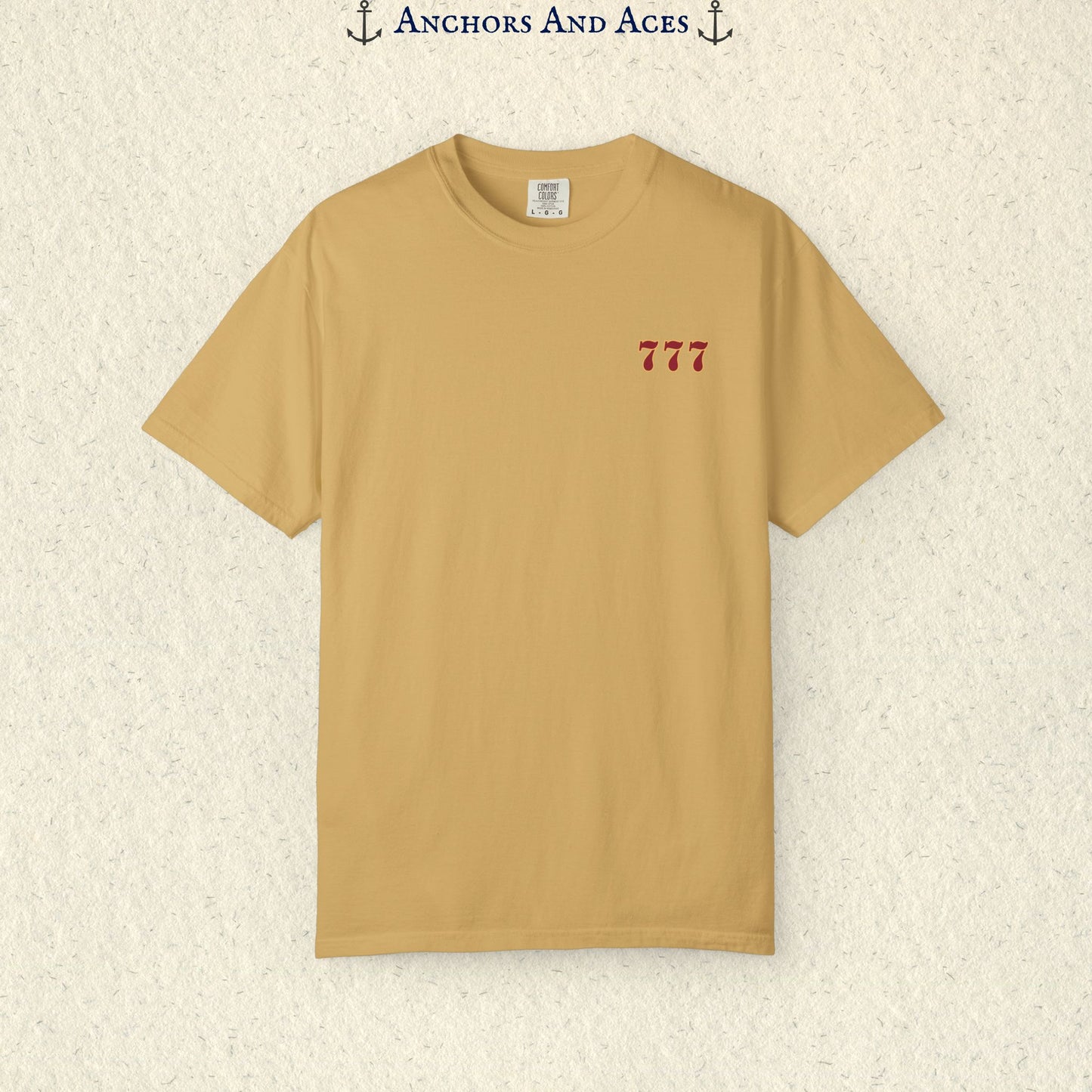 Mustard Lucky 777s T-shirt showing the small red 777 casino emblem printed on the front chest.