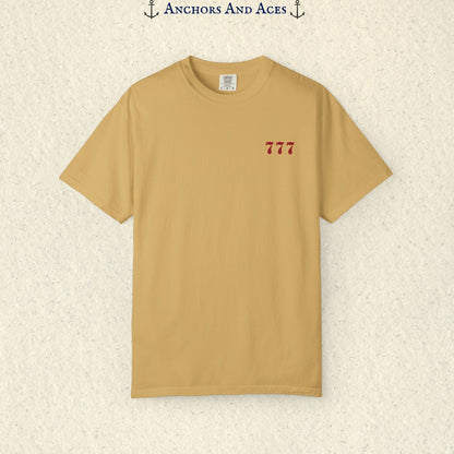 Mustard Lucky 777s T-shirt showing the small red 777 casino emblem printed on the front chest.