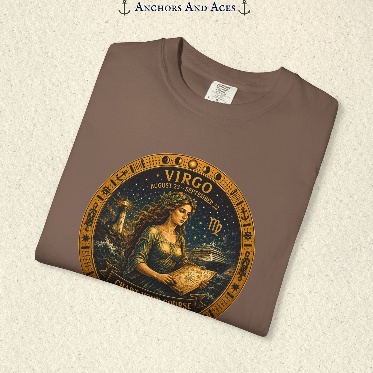 Folded Virgo Zodiac Shirt close-up showing the Virgo maiden celestial medallion front graphic.