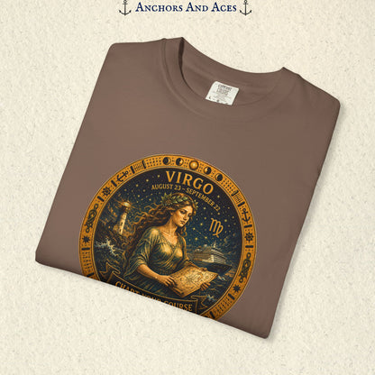 Folded Virgo Zodiac Shirt close-up showing the Virgo maiden celestial medallion front graphic.