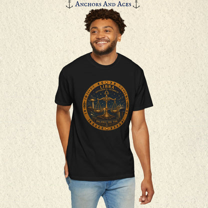 Male model wearing the Libra Zodiac Shirt with the full-size balance scales celestial medallion graphic on the front.