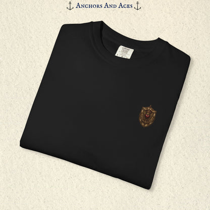 Folded House of Hearts playing card shirt showing the small coordinating House crest emblem on the front.