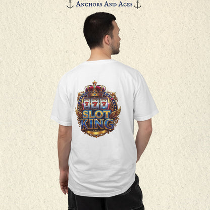 Man wearing a White Slot King T-shirt with the crowned 777 slot machine artwork on the back.